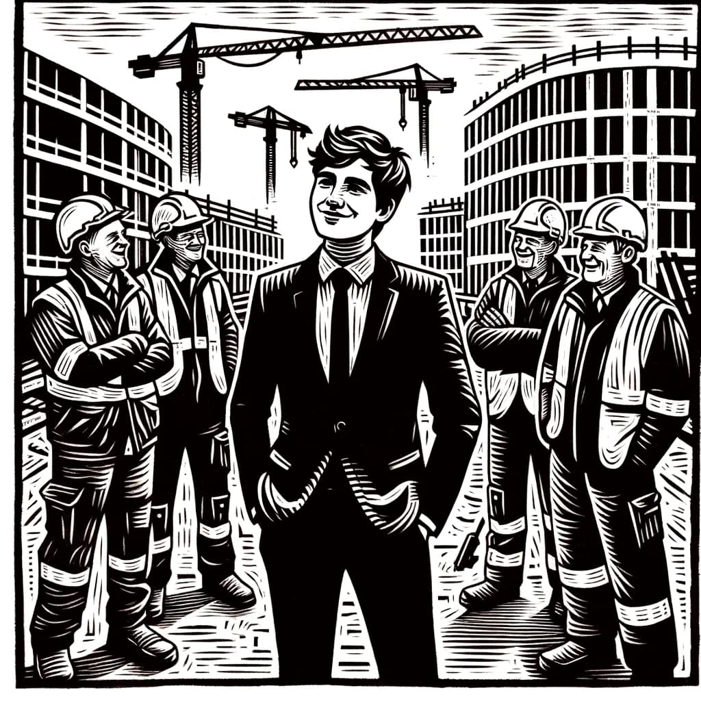 Ministre sur un chantier avec des ouvriers du bâtiment.